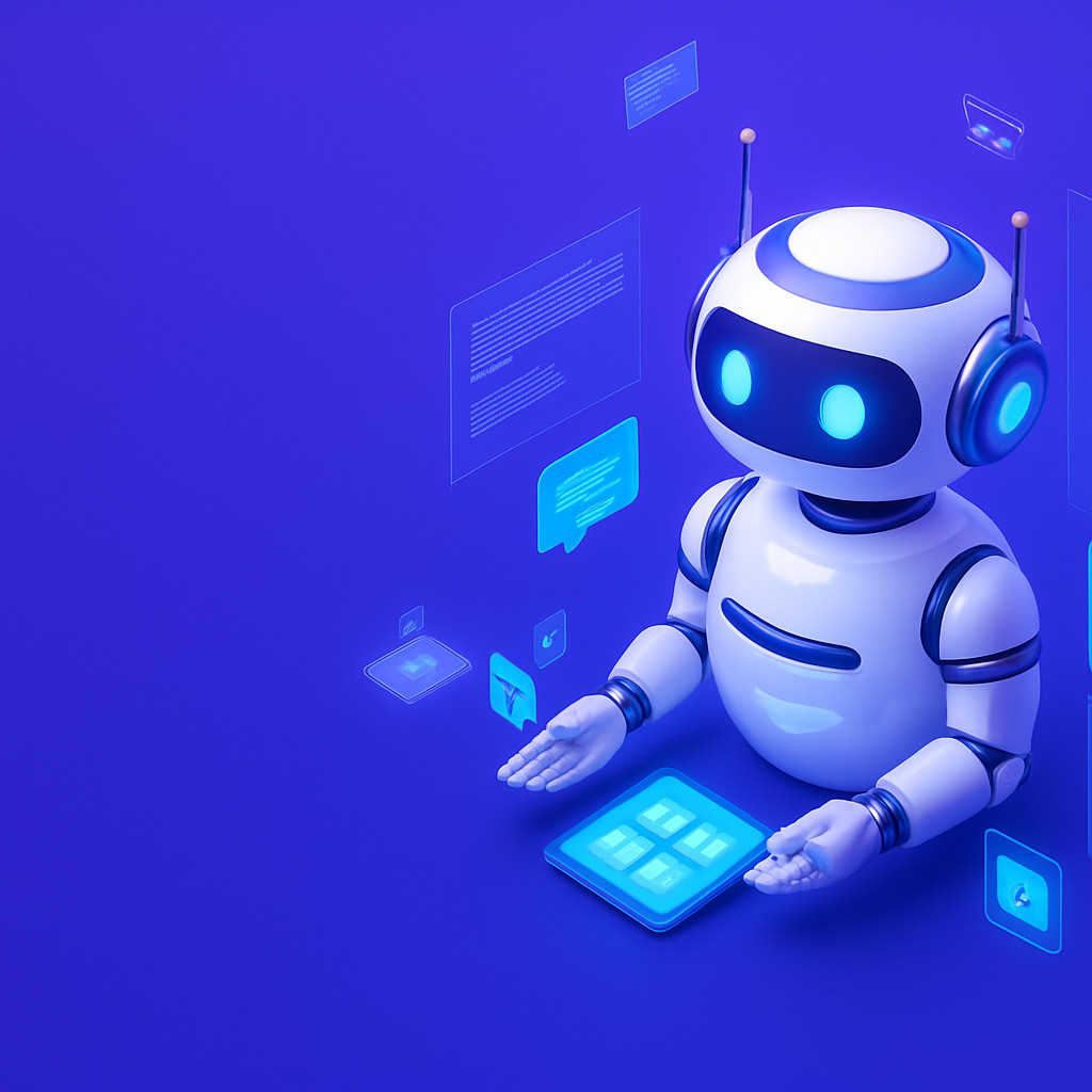 Robot Tương Tác Hiện Đại Một robot hình người với màn hình cảm ứng và biểu tượng tương tác.