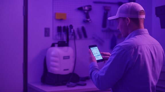 Số Hóa Công Việc Di Động 2024 Điều chỉnh cực đại trong công nghiệp sửa chữa hoặc bảo trì thiết bị công nghệ cao, nhân viên kiểm tra thông tin trên điện thoại trong phòng làm việc sáng tạo của VAQ Digital.