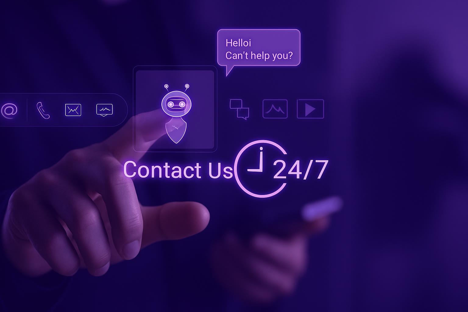 Cải Tiến Quy Trình Dịch Vụ Với Chatbot 24/7 Giao diện kỹ thuật số với biểu tượng chatbot và các tùy chọn liên hệ 24/7, minh họa việc cải tiến quy trình dịch vụ khách hàng.