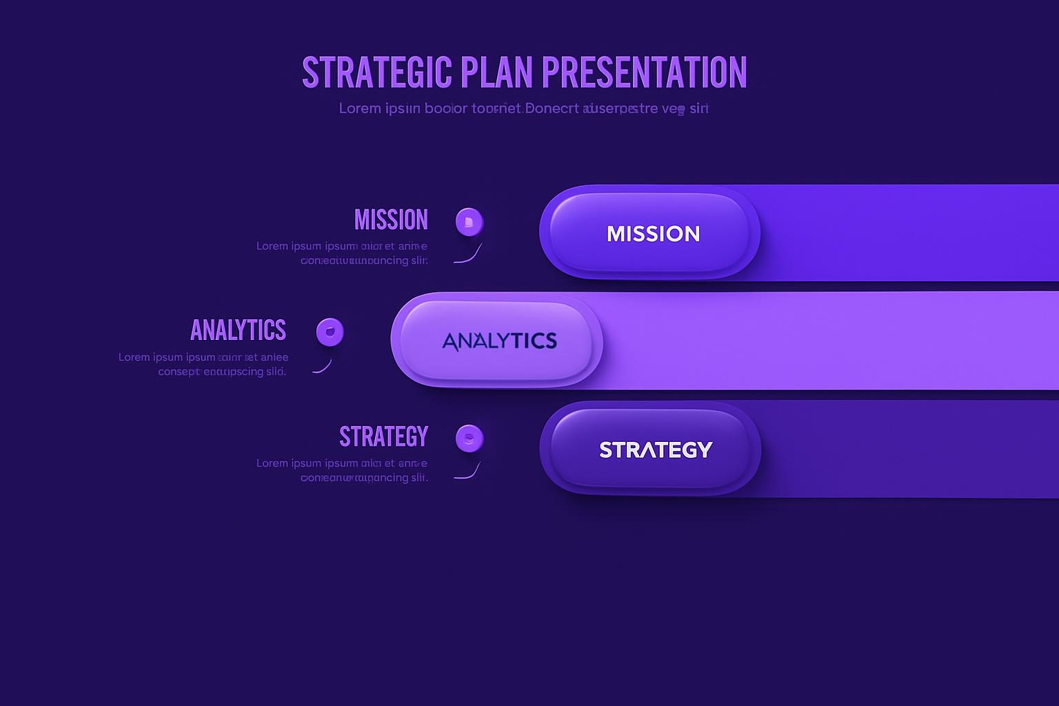 Cấu trúc kế hoạch tối ưu quảng cáo Bản trình bày kế hoạch chiến lược với bố cục ba phần gồm Sứ mệnh, Phân tích và Chiến lược, thiết kế dạng thanh ngang bo tròn.