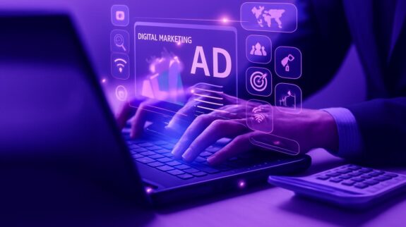 Chiến Lược Marketing Kỹ Thuật Số Cho Dịch Vụ Chuyên gia hoạch định chiến lược marketing kỹ thuật số trên laptop với giao diện đồ họa nổi về quảng cáo và phân tích.