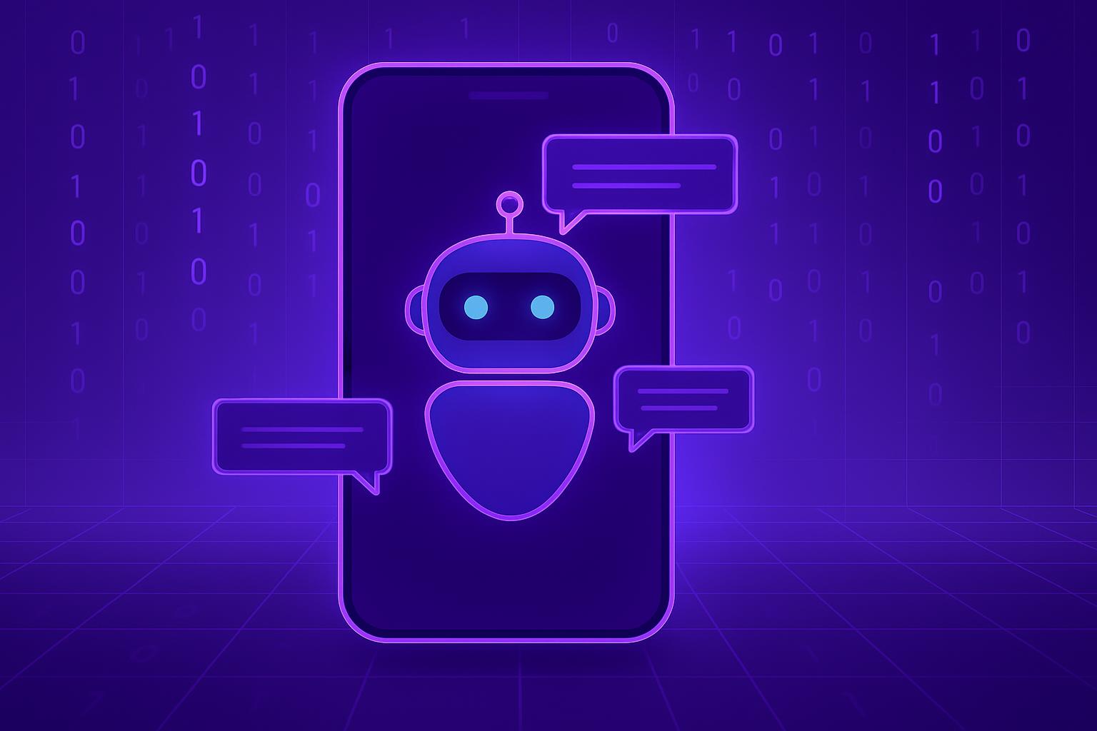 Tự động hóa quy trình dịch vụ bằng Chatbot "Trí tuệ nhân tạo chatbot hoạt động trên điện thoại với các biểu tượng đối thoại, thể hiện công nghệ AI trong dịch vụ khách hàng và marketing tự động.".