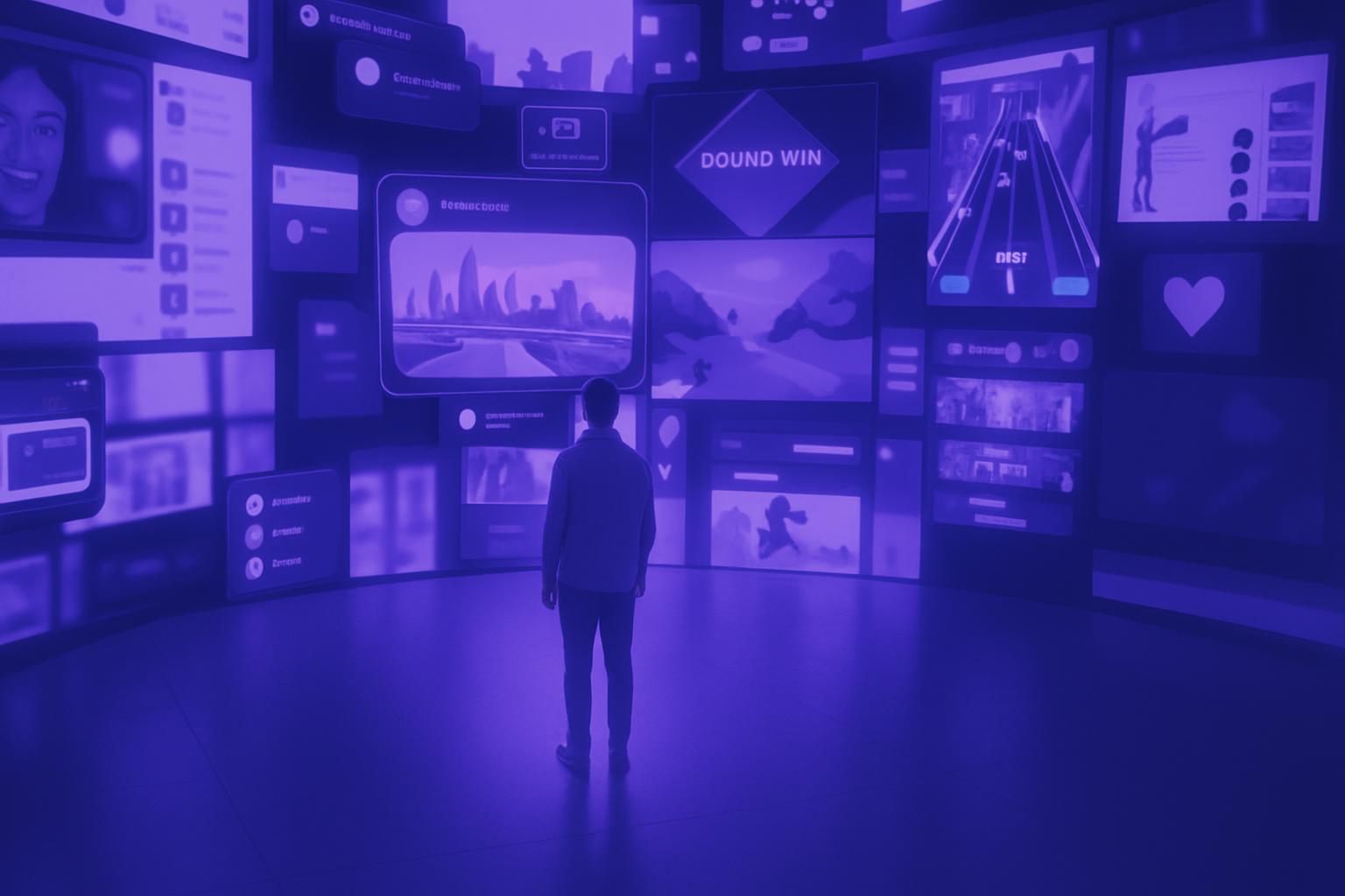 Tối ưu quảng cáo trong thế giới số Một người đàn ông đứng trong một không gian cong, đối diện với vô số màn hình kỹ thuật số đang hiển thị dữ liệu và nội dung đa phương tiện.