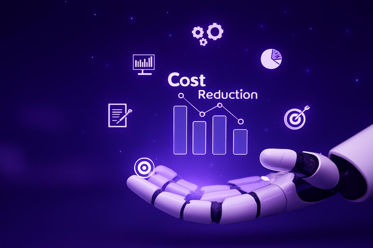 Tự Động Hóa Quy Trình Dịch Vụ Bằng AI Tương tác của robot tay với các biểu tượng đồ thị và mục tiêu trong không gian số, thể hiện chiến lược giảm chi phí hiệu quả của AI và tự động hóa trong marketing.