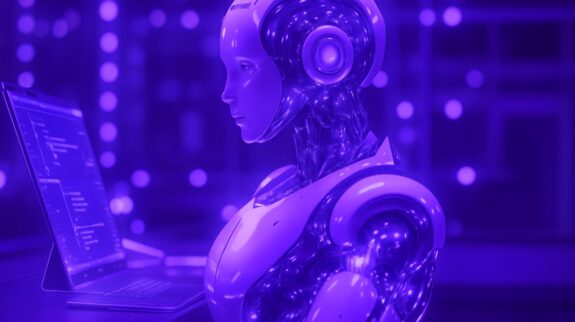 Tối Ưu Hóa Quy Trình Tự Động với Robot Robot hình người với các chi tiết cơ khí phức tạp đang tập trung làm việc trên máy tính xách tay.