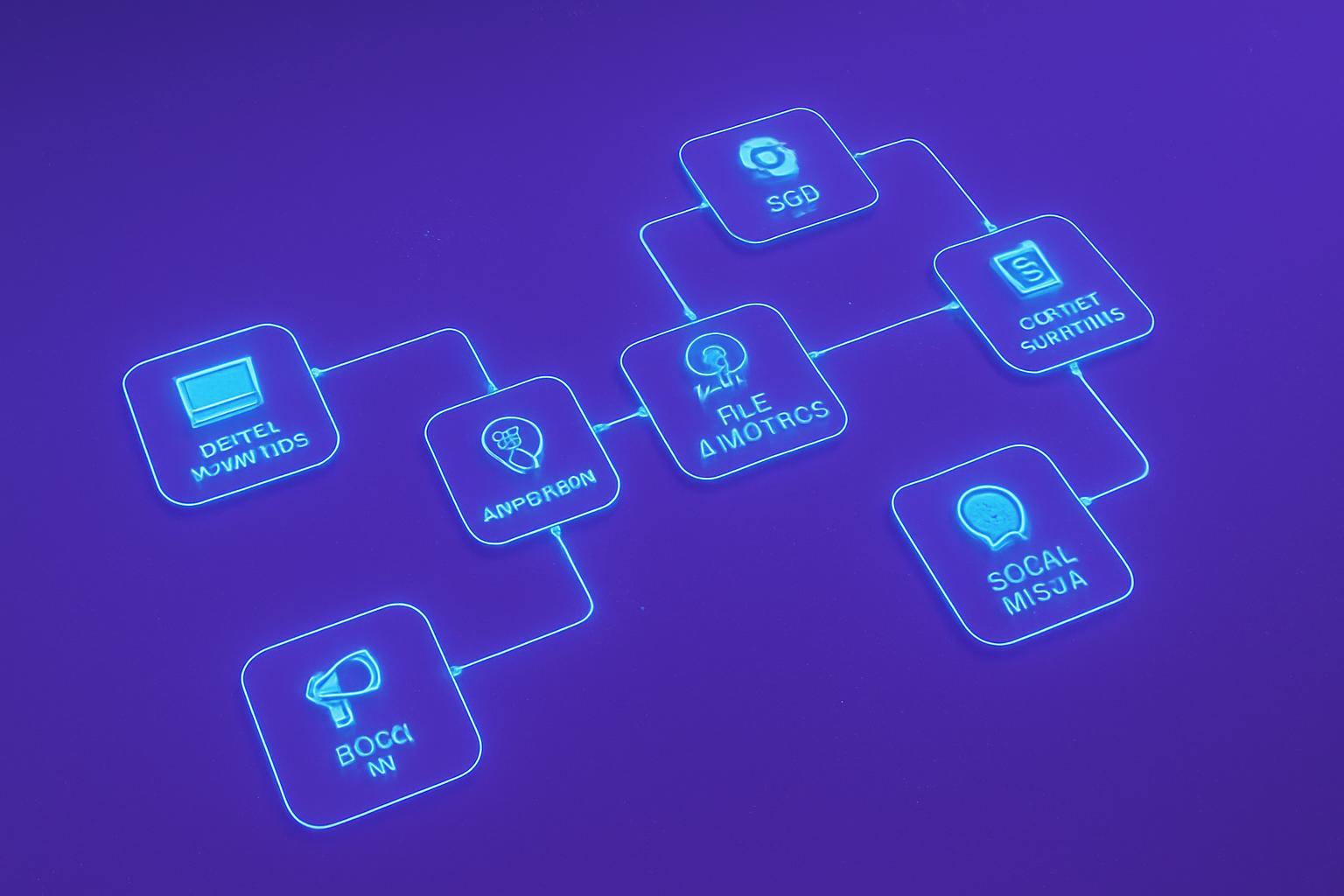 Sơ đồ tự động hóa quy trình dịch vụ Mô hình sơ đồ Digital Marketing sử dụng công nghệ AI và tự động hóa quy trình dịch vụ, thể hiện các yếu tố như dữ liệu, file, và nền tảng để tối ưu hóa chiến dịch marketing trực tuyến.