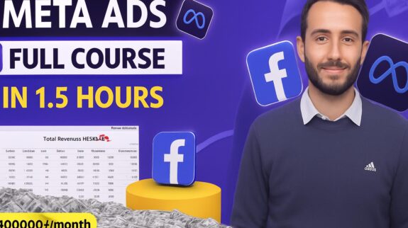 Hình ảnh giới thiệu khóa học Meta Ads với chuyên gia, logo và các yếu tố thể hiện thành công tài chính.