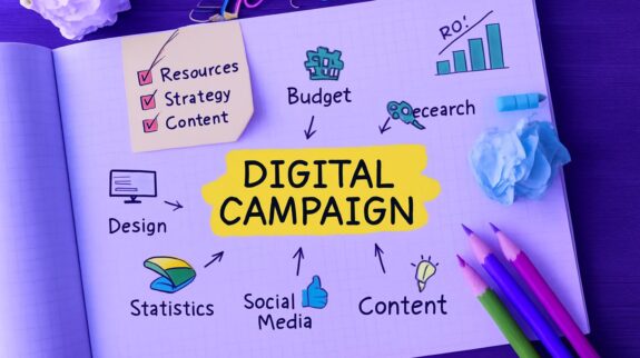 Lập Kế Hoạch Content Marketing Chi Tiết Sổ tay phác thảo sơ đồ tư duy cho một chiến dịch kỹ thuật số, một phần của kế hoạch content marketing.