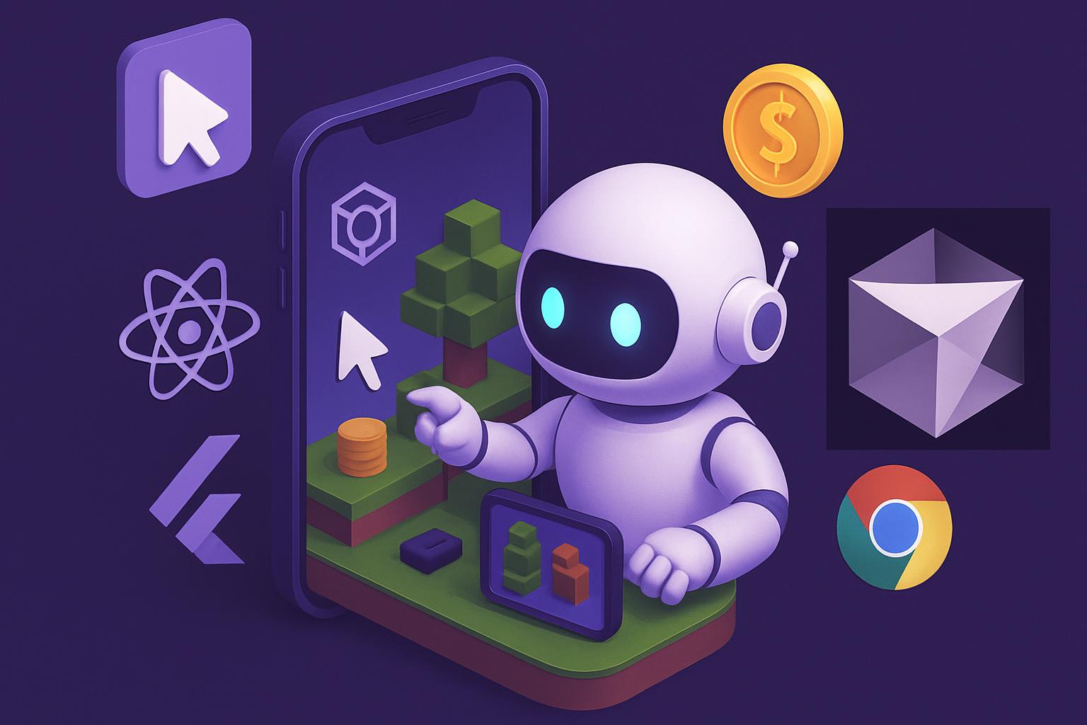 Robot và Chiến Lược Marketing Online Hiện Đại Robot tương tác với điện thoại và các biểu tượng công nghệ, minh họa cho một chiến lược marketing online.