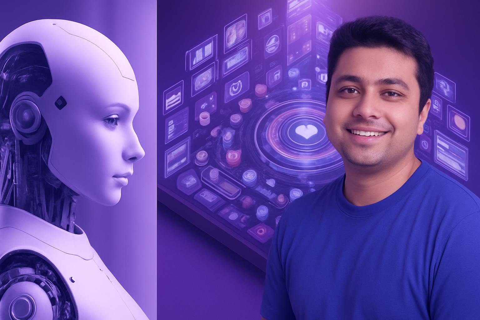 Tự động hóa Marketing: Con người và Công nghệ Hình ảnh một người đàn ông mỉm cười bên cạnh một robot hình người, minh họa cho tự động hóa marketing.