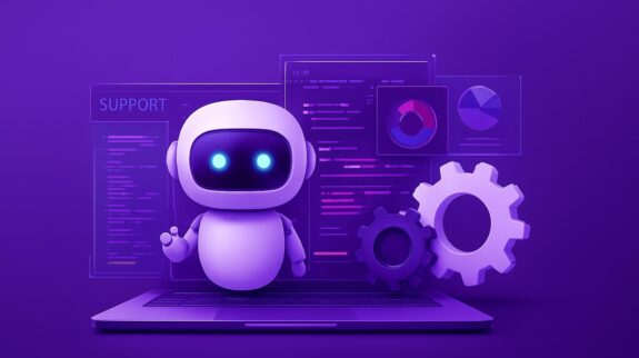 Công Nghệ Tự Động Hóa Marketing với Robot AI Robot AI đứng trước máy tính xách tay với các giao diện dữ liệu và bánh răng, minh họa công nghệ tự động hóa marketing.