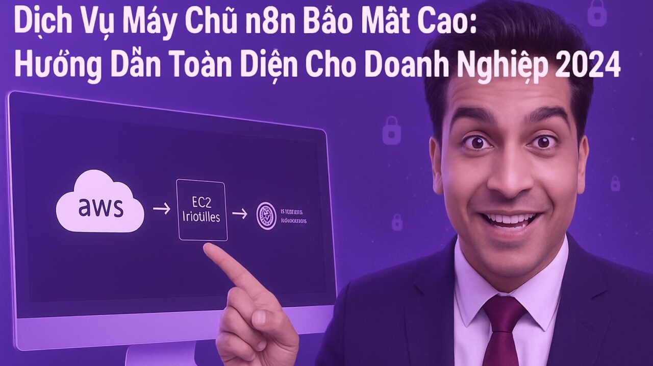 Chuyên gia giới thiệu về dịch vụ máy chủ n8n bảo mật cao qua sơ đồ quy trình trên màn hình máy tính.
