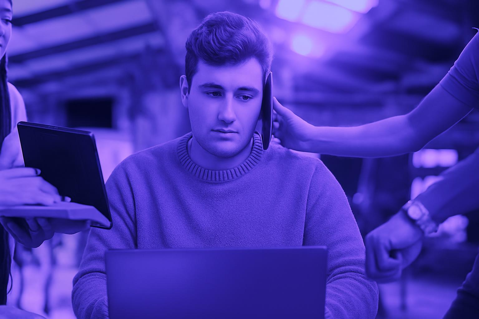 Tối ưu quy trình dịch vụ cho doanh nghiệp Một người đàn ông làm việc trên laptop với vẻ mặt căng thẳng khi bị bao quanh bởi các công việc từ nhiều người khác.