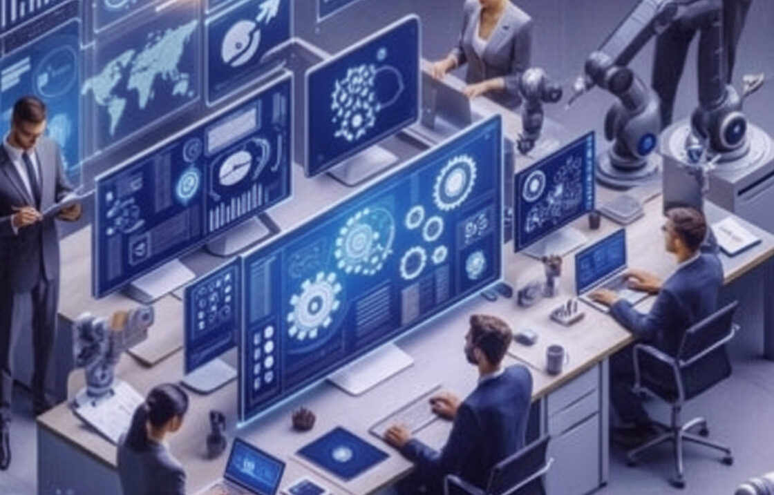 Các chuyên gia đang lập trình quy trình làm việc tự động trong một văn phòng công nghệ cao với robot và màn hình dữ liệu.