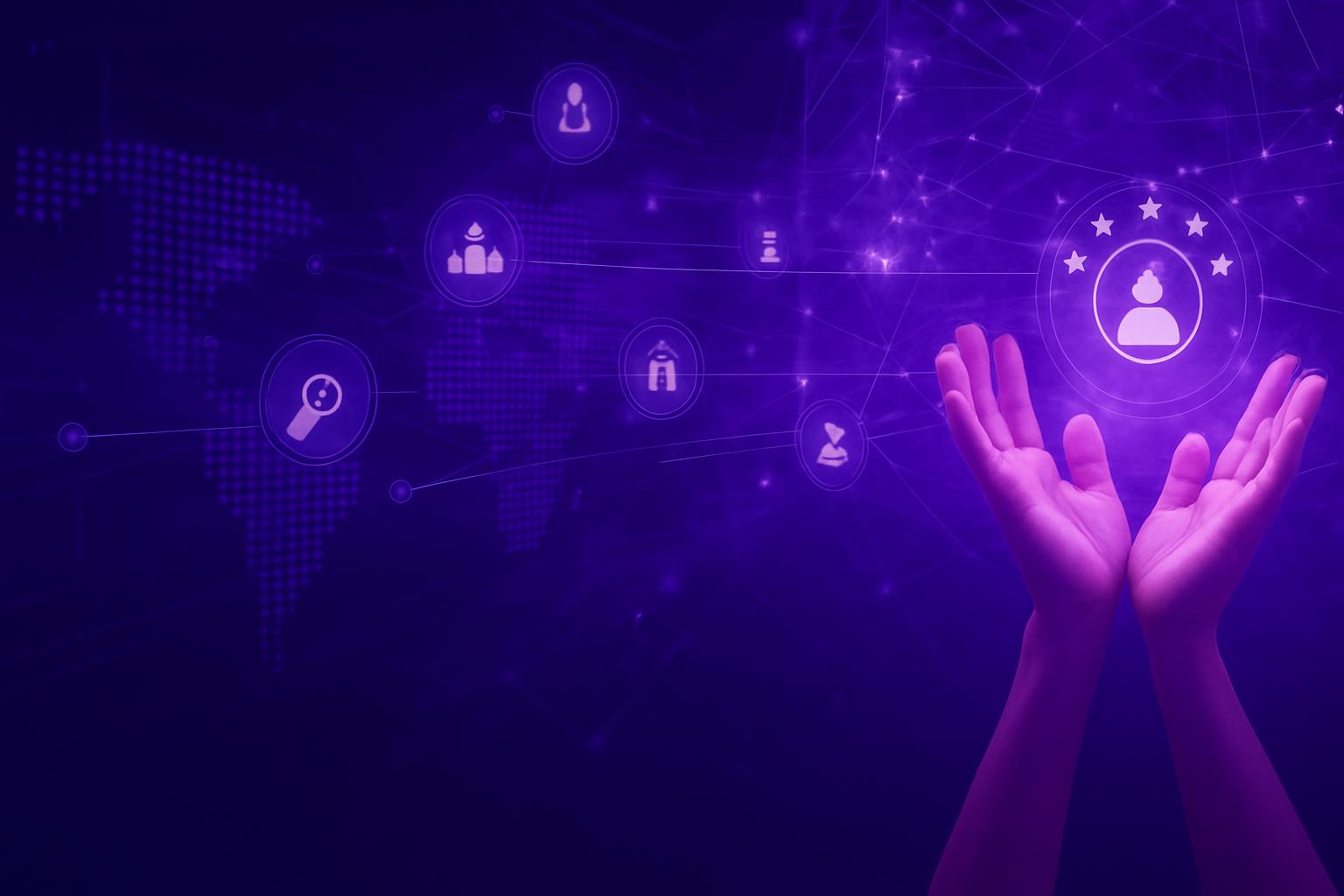 Cải Tiến Quy Trình Dịch Vụ Khách Hàng Đôi bàn tay nâng đỡ biểu tượng khách hàng năm sao, kết nối với mạng lưới các icon quy trình dịch vụ trên bản đồ thế giới.