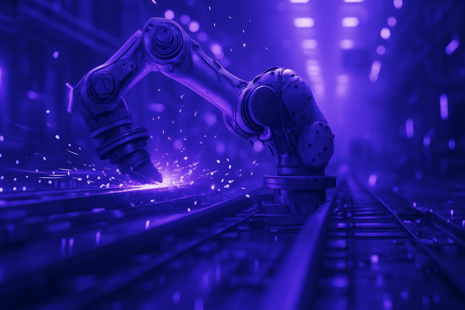 business automation concept illustration Một cánh tay robot công nghiệp có nhiều khớp nối được làm bằng kim loại, đang thực hiện một nhiệm vụ sản xuất chính xác, tượng trưng phần mềm tự động hóa quy trình dịch vụ