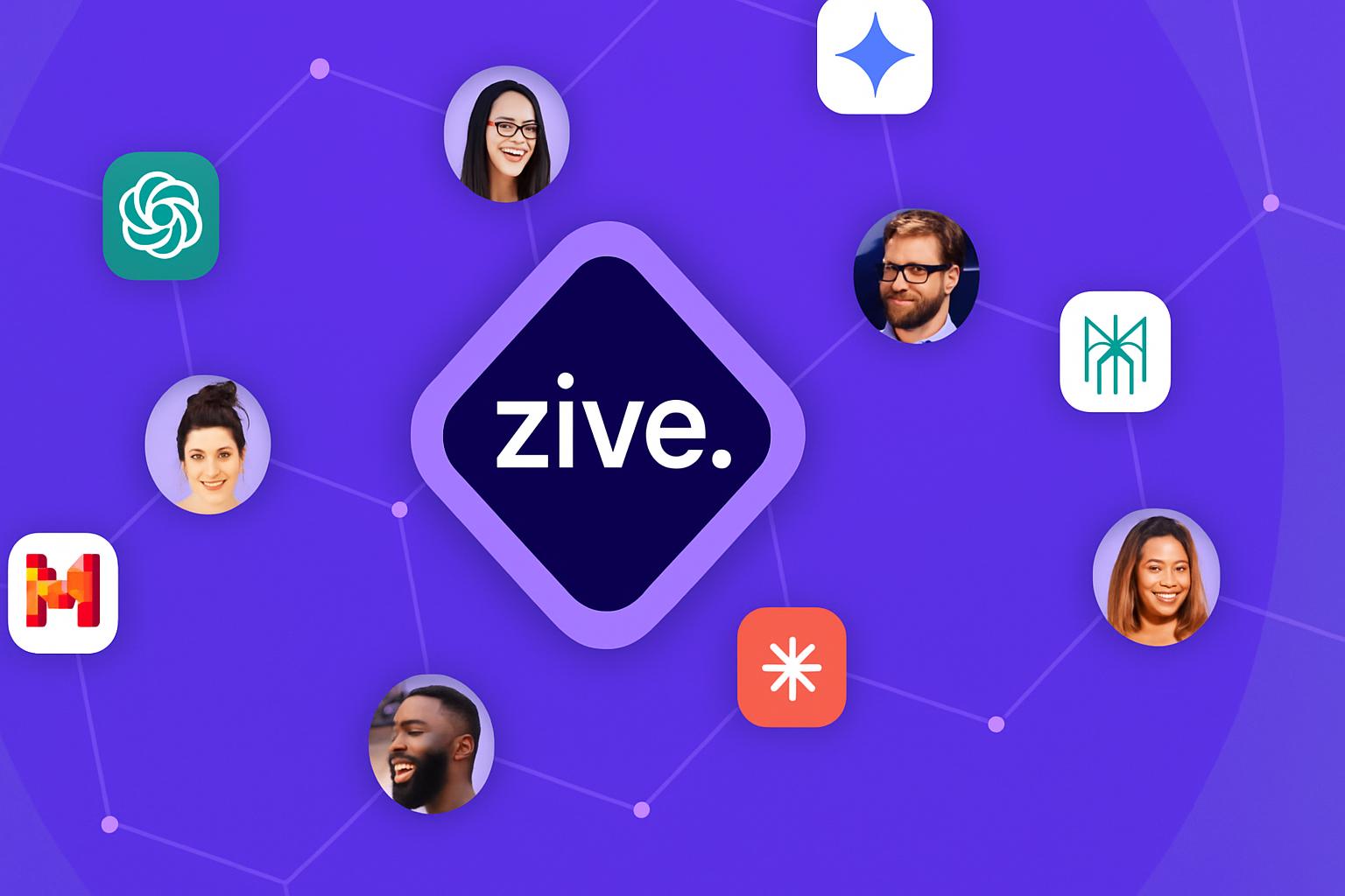 Logo của Zive với biểu tượng sáng tạo và các biểu tượng ứng dụng khác.