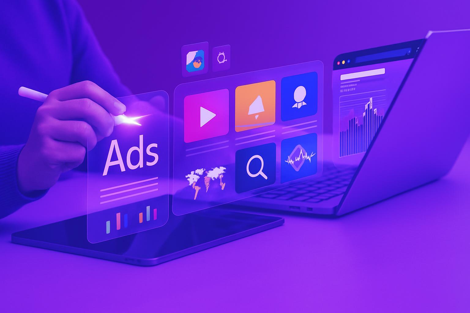 Giao diện quảng cáo kỹ thuật số hiện đại với các biểu tượng và biểu đồ phân tích dữ liệu trên máy tính bảng và laptop.