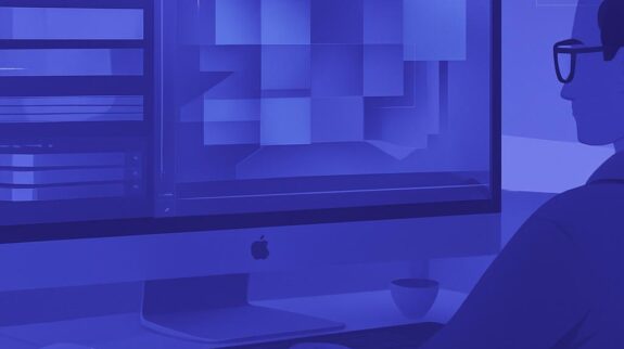 Sleek Digital Workspace Setup Tối giản, hiện đại, người kỹ thuật số làm việc trên máy tính để phân tích dữ liệu hoặc phát triển dự án công nghệ cao, thể hiện sự chuyên nghiệp trong lĩnh vực marketing tự động và AI tại VAQ Digital.