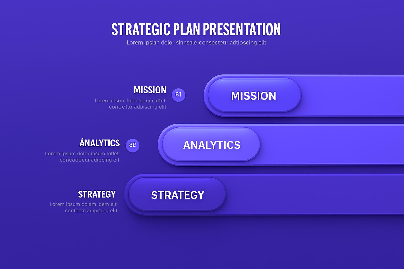 Mẫu Trình Bày Chiến Lược Marketing Online Mẫu slide trình bày kế hoạch chiến lược với các mục Sứ mệnh, Phân tích và Chiến lược được bố trí theo chiều dọc.