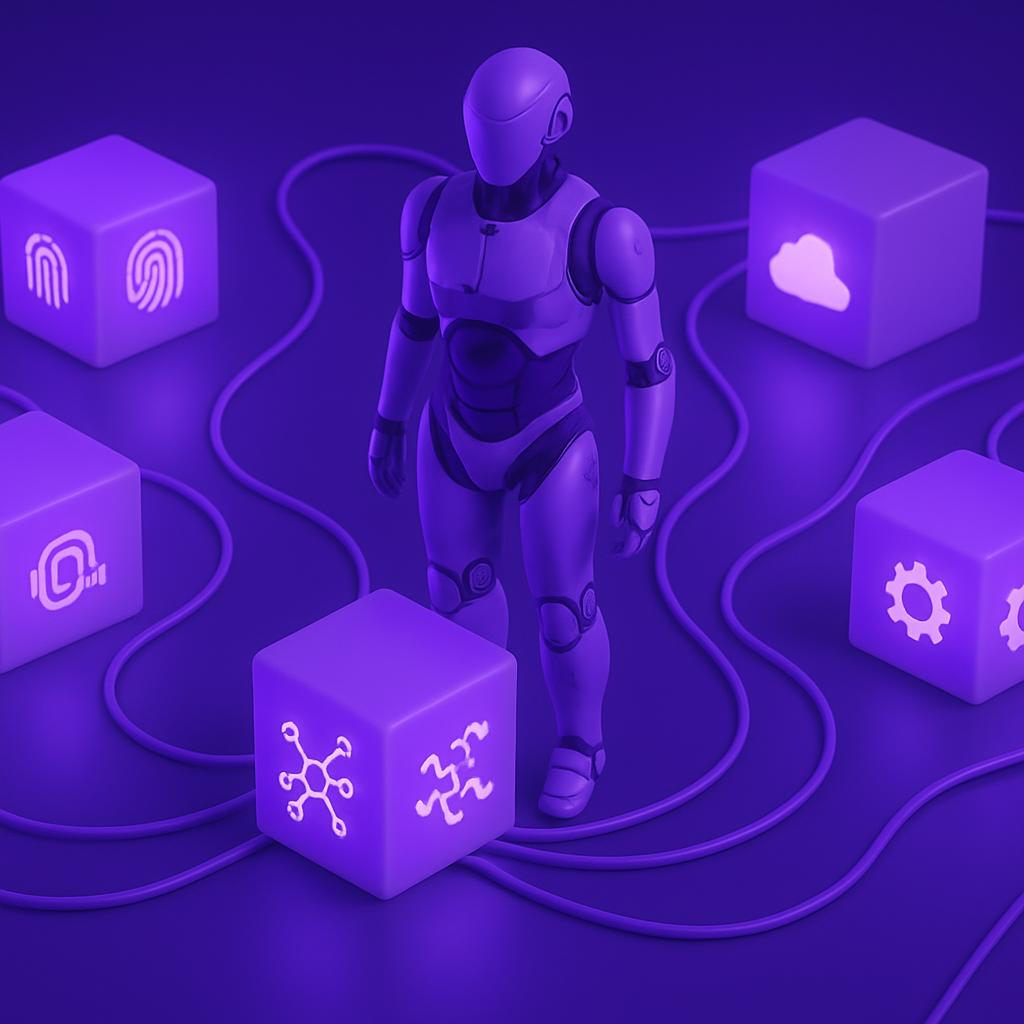 Robot hình người đứng giữa các khối lập phương công nghệ được kết nối, minh họa cho máy chủ nhanh cho n8n.