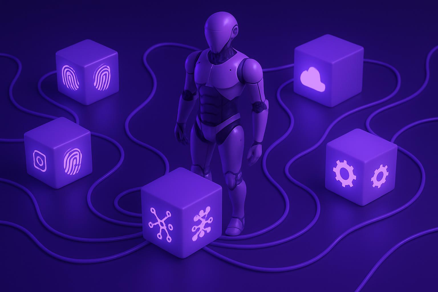 Robot hình người đứng giữa các khối lập phương được kết nối, biểu thị bảo mật dữ liệu và tự động hóa máy chủ n8n.