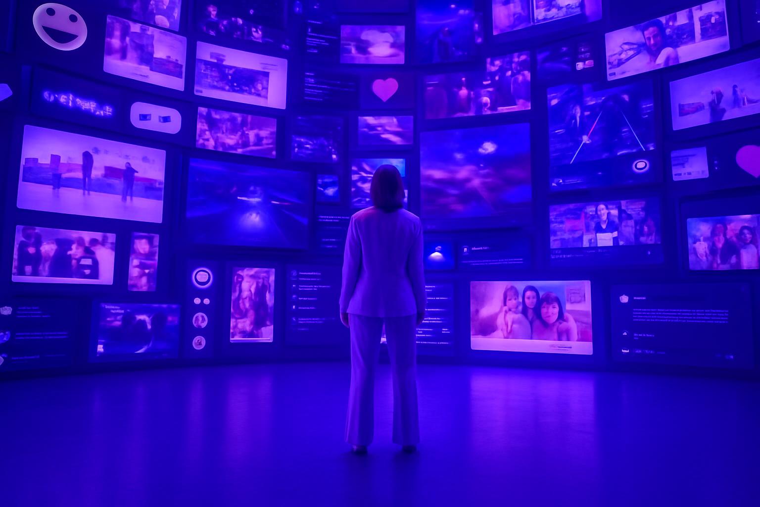 Chiến lược Marketing trong kỷ nguyên số Một người đứng trước một bức tường cong gồm nhiều màn hình hiển thị các nội dung kỹ thuật số và mạng xã hội.