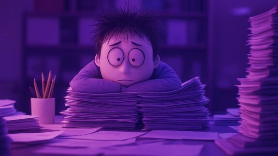 Chấm Dứt Quá Tải Với Quy Trình Tự Động Nhân vật hoạt hình mệt mỏi, gục đầu trên chồng giấy tờ cao ngất, minh họa cho sự quá tải của quy trình thủ công.