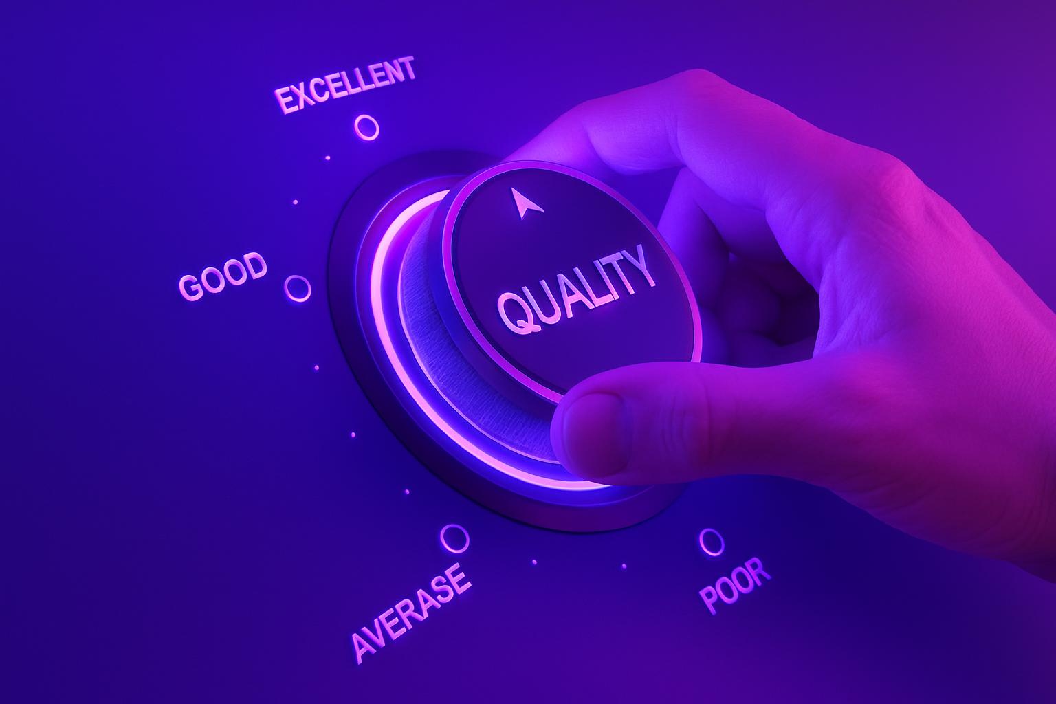 quality assurance inspector with clipboard checking service Bàn tay đang vặn một núm xoay điều khiển chất lượng, hướng đến mức độ xuất sắc để tối ưu hóa quy trình dịch vụ trong phần mềm quản lý đơn hàng dịch vụ