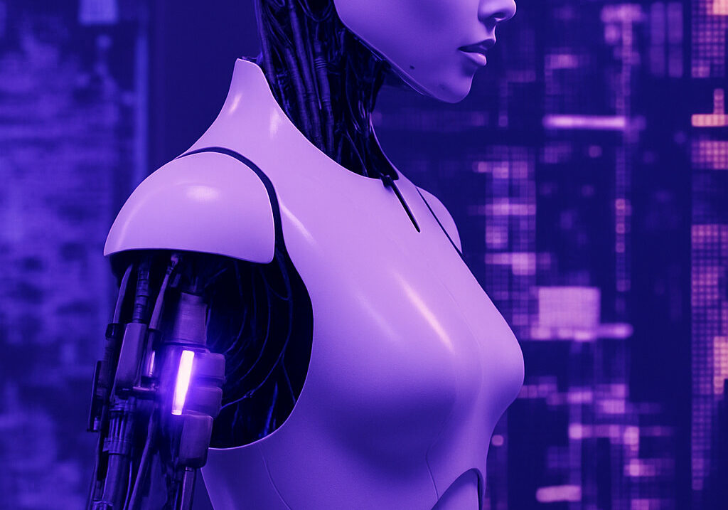 Robot humanoid với thiết kế hiện đại và bộ phận cơ khí lộ ra.