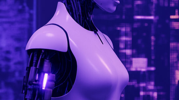 Robot humanoid với thiết kế hiện đại và bộ phận cơ khí lộ ra.