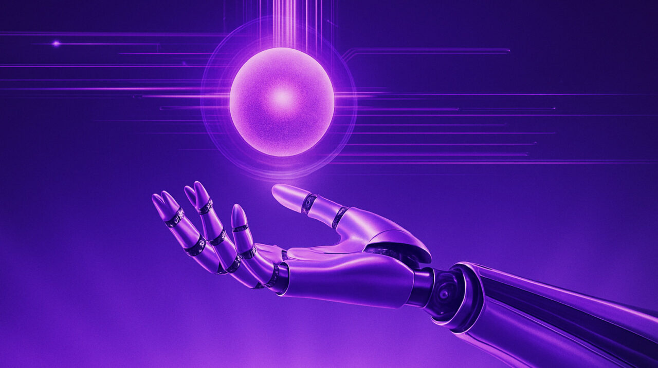 Robot với hình dáng tròn, tay đang giữ bảng điều khiển phẳng.