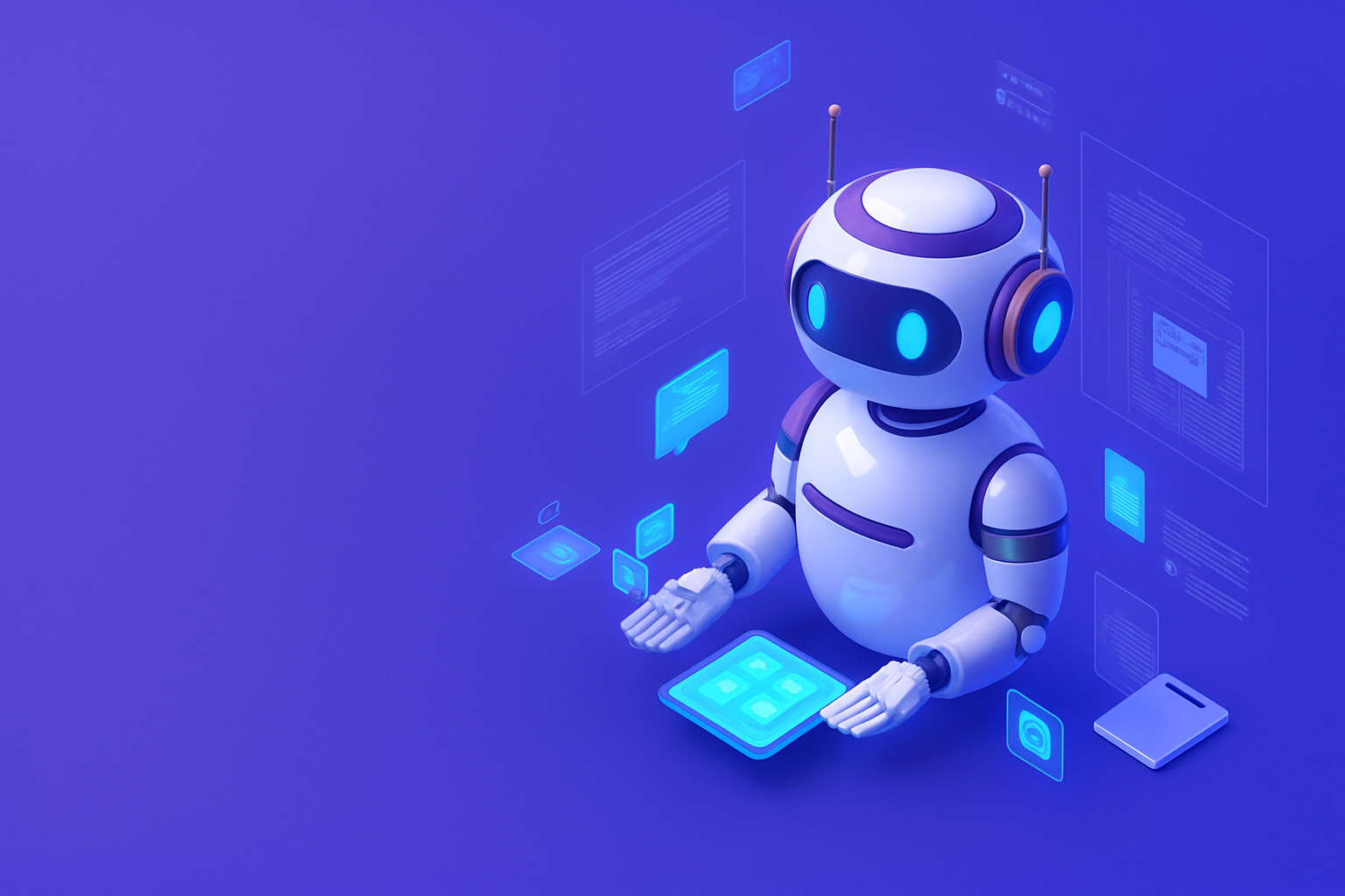 Một trợ lý robot thân thiện đang cầm một máy tính bảng có các biểu tượng ứng dụng.