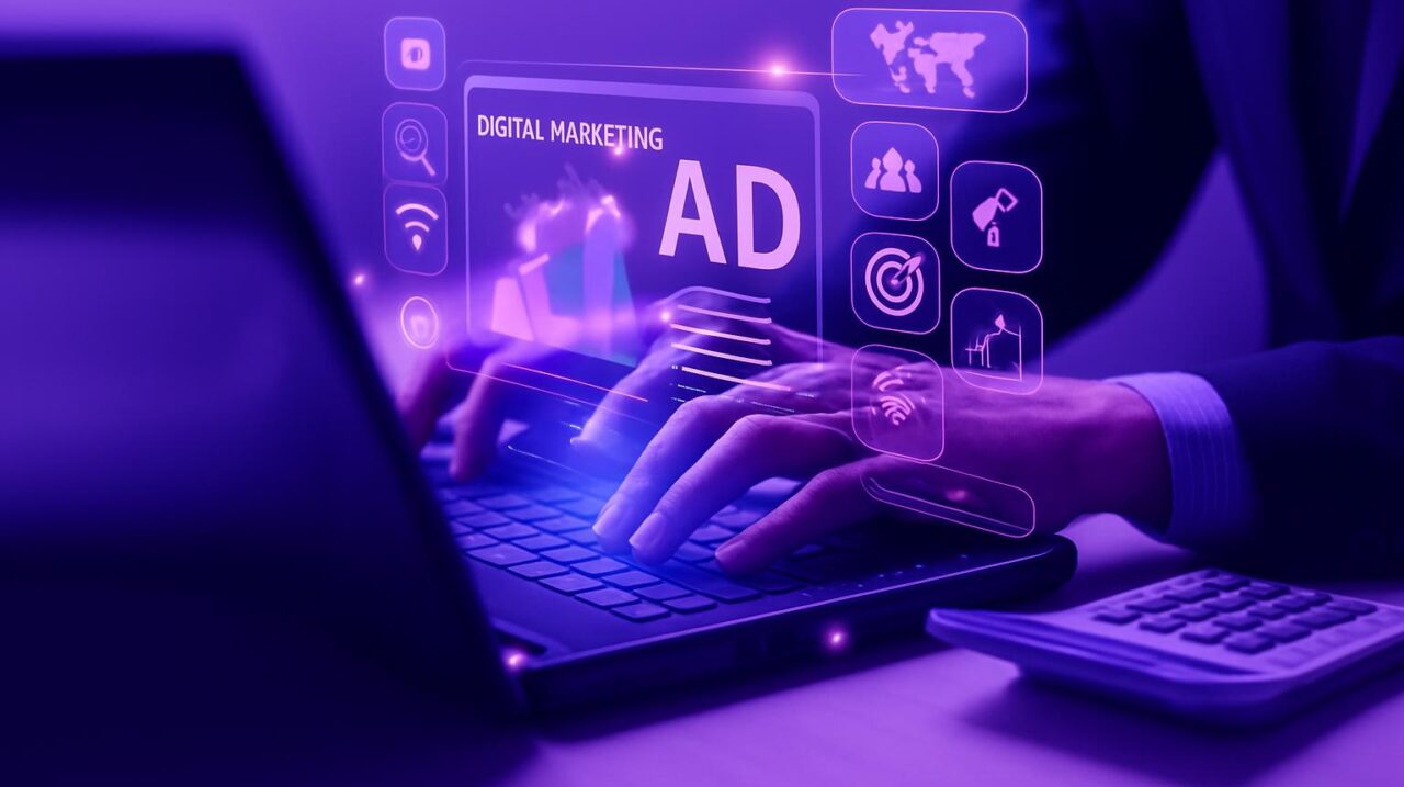 Chuyên gia hoạch định chiến lược marketing kỹ thuật số trên laptop với giao diện đồ họa nổi về quảng cáo và phân tích.