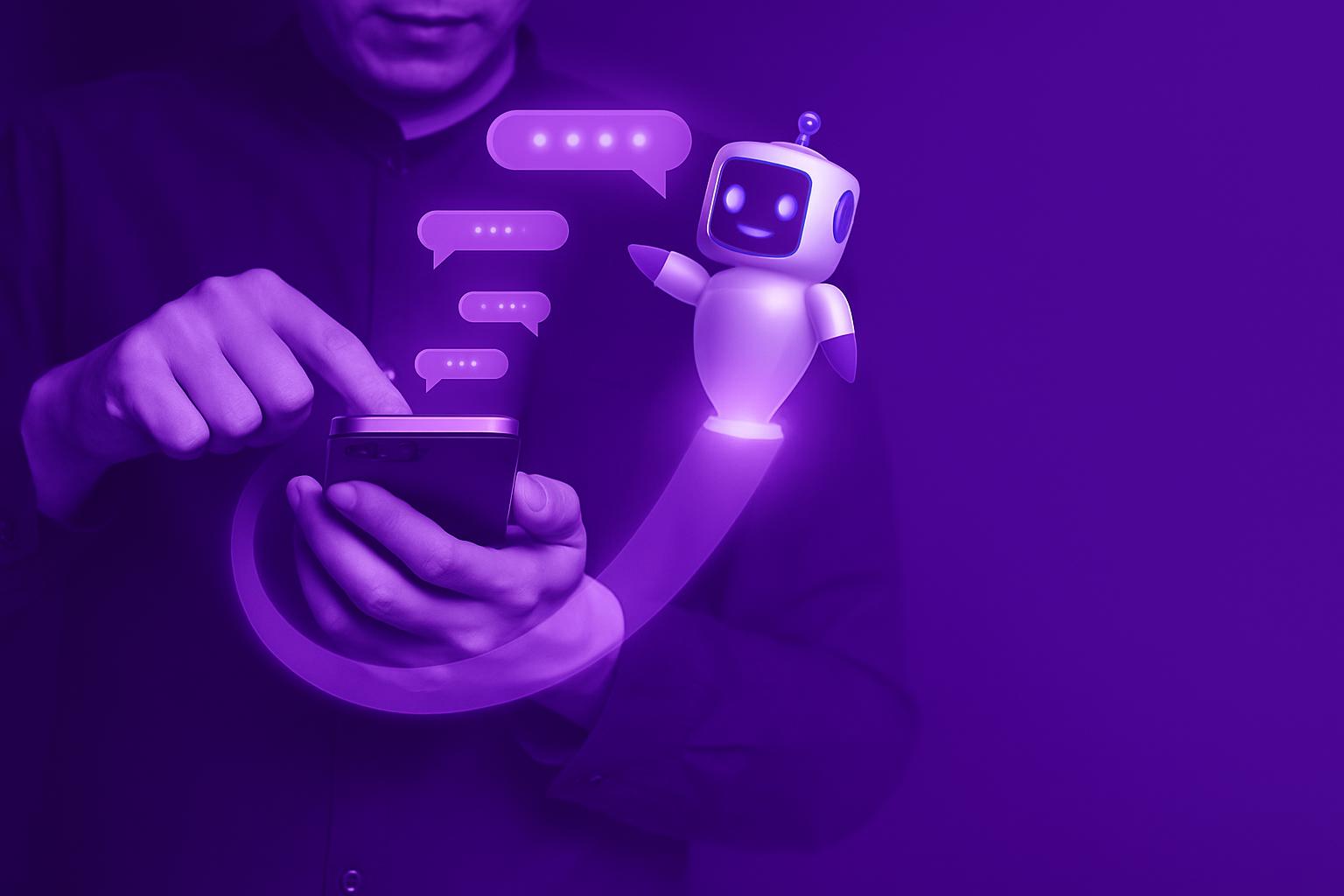 Người dùng tương tác với chatbot AI trên điện thoại thông minh để tối ưu quy trình dịch vụ.
