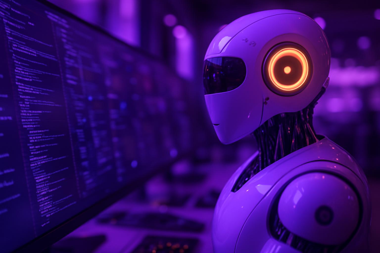 Robot hình người với thiết kế hiện đại, biểu tượng cho ứng dụng tự động hóa trong doanh nghiệp.