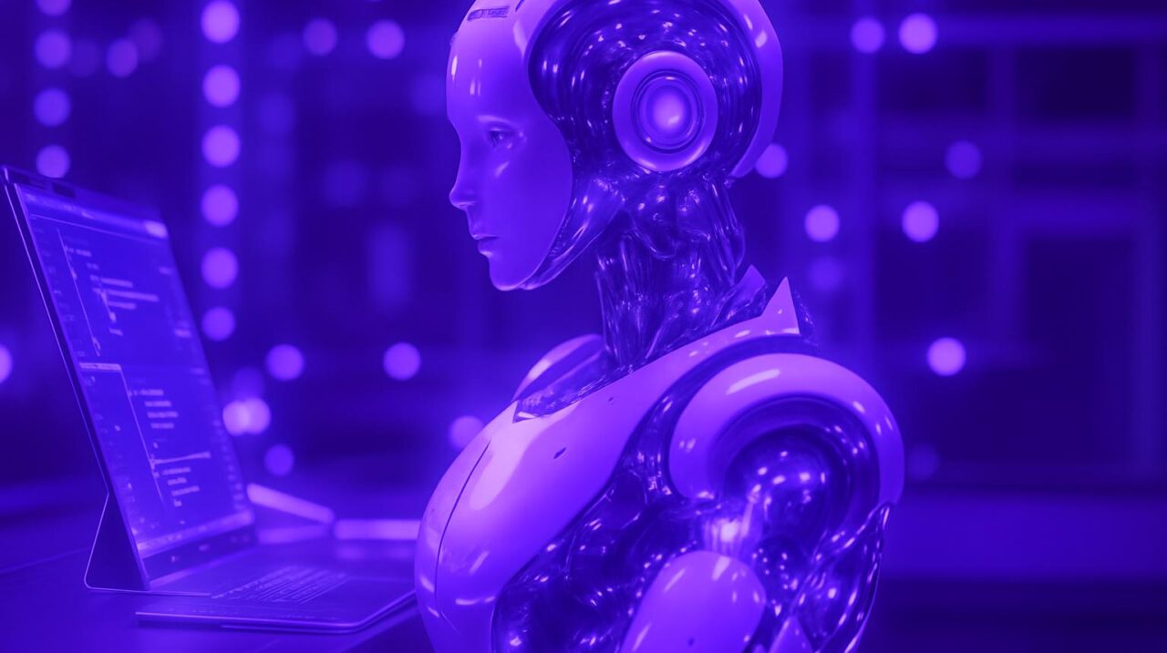 Robot hình người với các chi tiết cơ khí phức tạp đang tập trung làm việc trên máy tính xách tay.