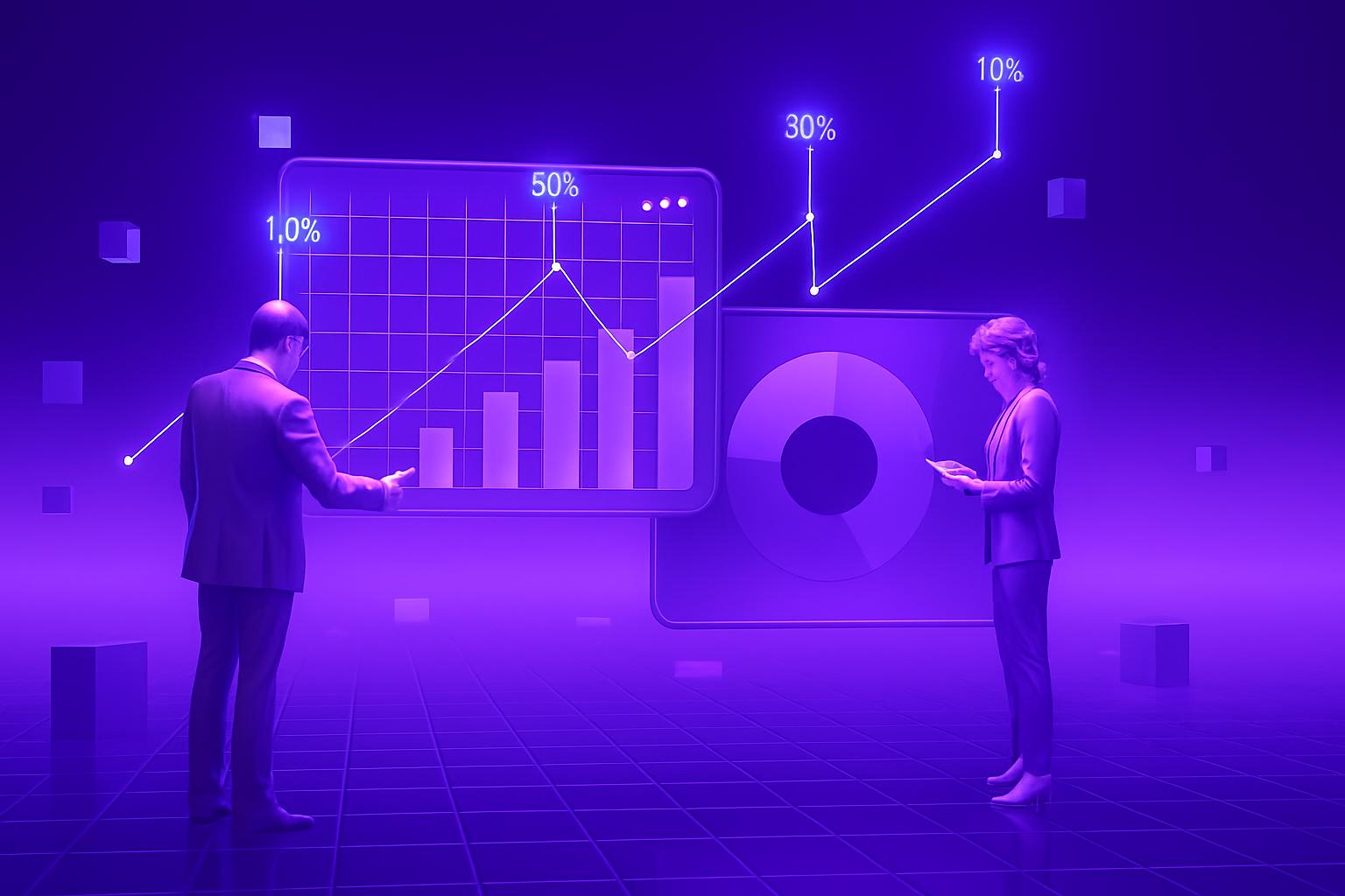 Phân Tích Dữ Liệu Marketing Online Hai chuyên gia đang phân tích biểu đồ dữ liệu để xây dựng chiến lược marketing online hiệu quả.