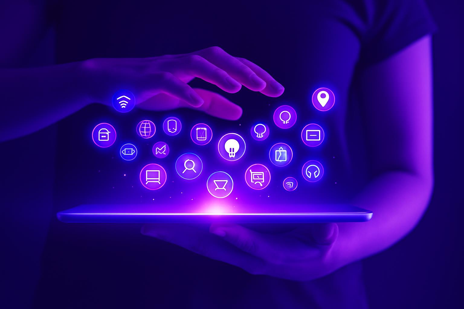Người dùng tương tác với các biểu tượng dịch vụ digital marketing nổi trên một chiếc máy tính bảng hiện đại.