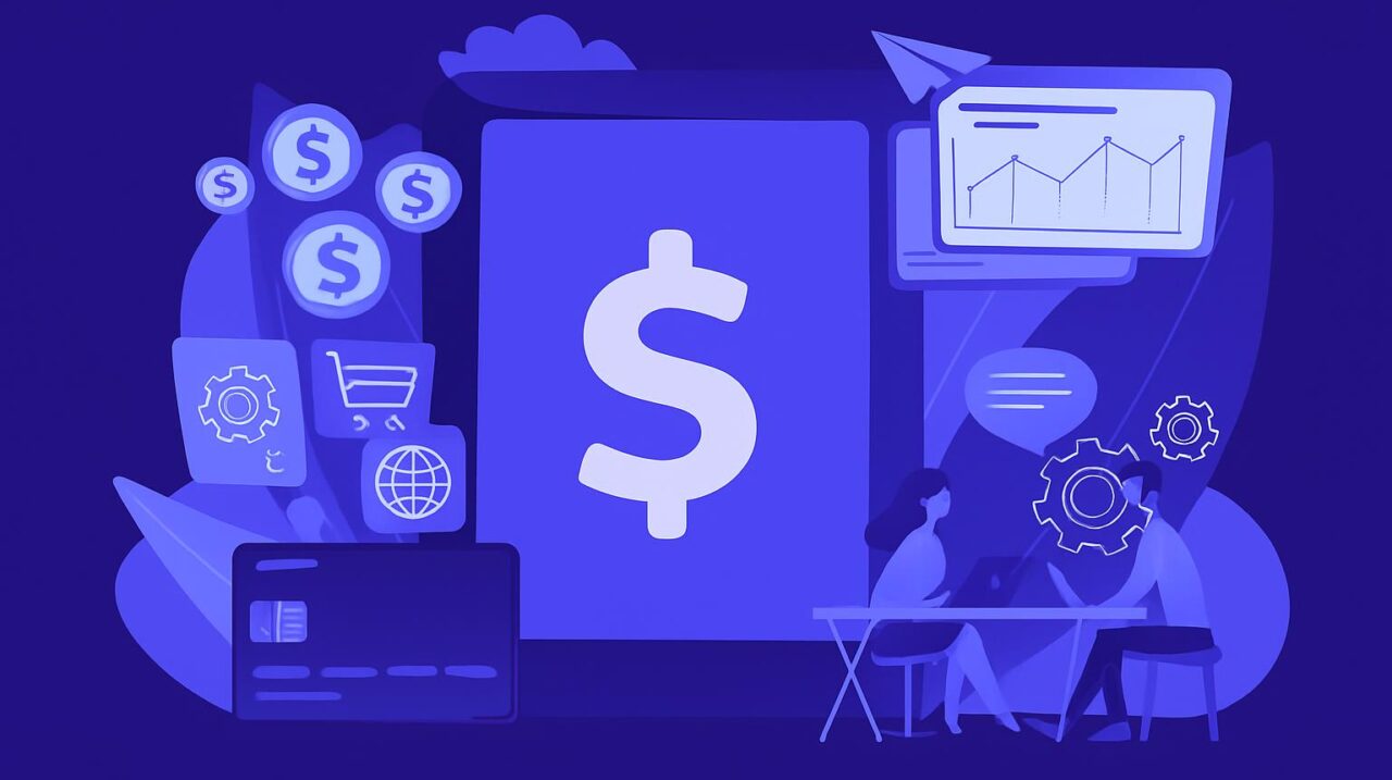 Hình minh họa các công cụ của một công ty digital marketing, bao gồm phân tích dữ liệu, thanh toán online và thương mại điện tử.