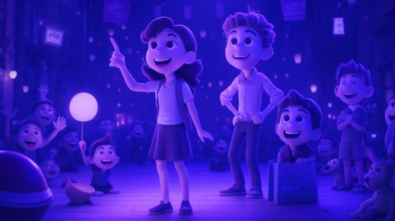 Những nhân vật hoạt hình vui vẻ trong phòng tranh đầy màu sáng, biểu diễn một hoạt động giải trí hoặc giáo dục trong không khí năng động, phù hợp nội dung về sáng tạo và giải trí dành cho trẻ em.