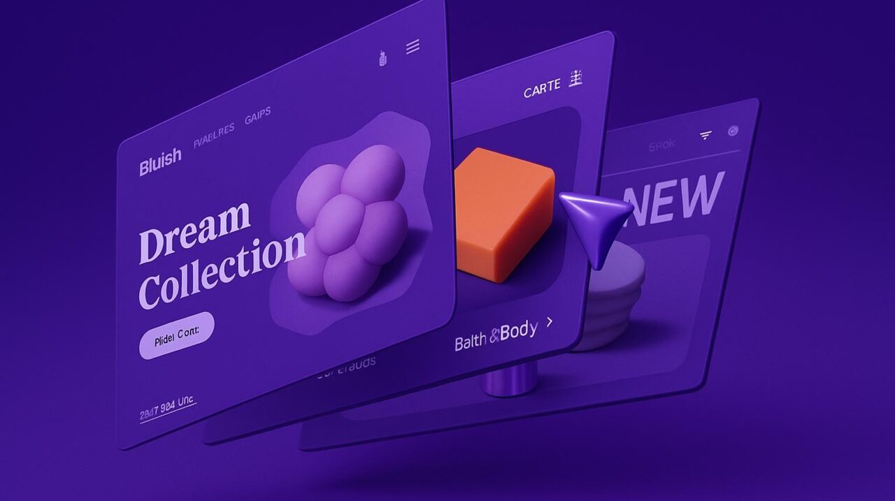 Hình ảnh các giao diện ứng dụng thiết kế 3D màu tím phong cách sáng tạo và tối giản phù hợp quảng cáo sản phẩm và dịch vụ marketing kỹ thuật số của VAQ Digital | AI - Marketing Automation.