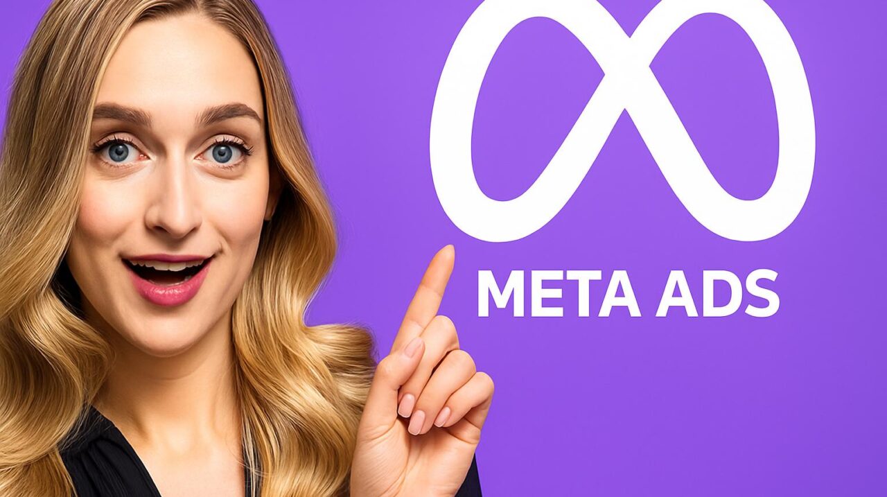 Bí Quyết Tối Ưu Quảng Cáo Meta Ads Một phụ nữ tóc vàng chỉ tay vào logo Meta Ads, minh họa cho việc tối ưu quảng cáo hiệu quả trên nền tảng này.