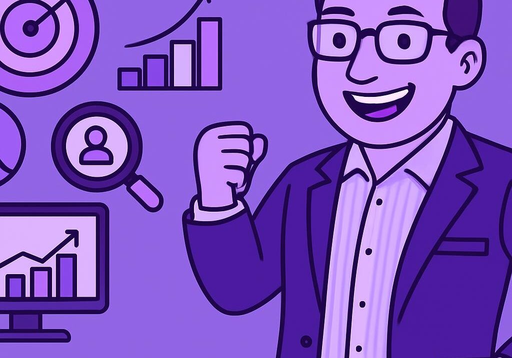 Chuyên gia marketing thành công bên cạnh các biểu tượng tăng trưởng, mục tiêu và phân tích dữ liệu quảng cáo facebook.