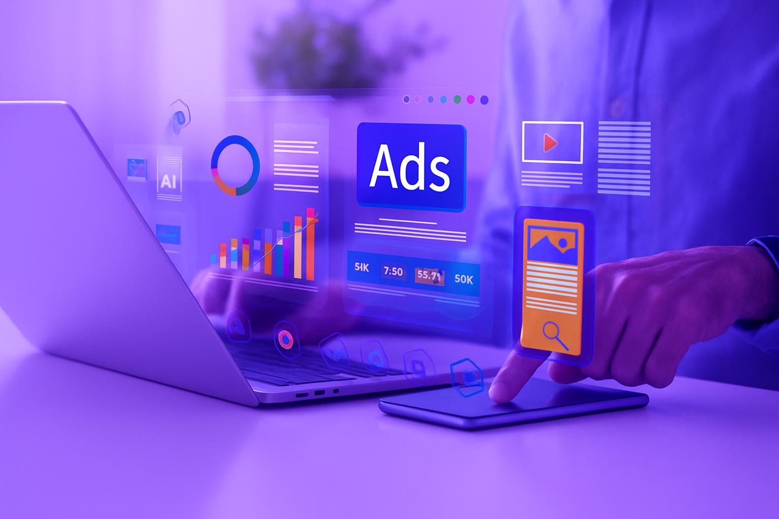 Công Cụ Cho Chiến Lược Marketing Online Giao diện quản lý quảng cáo kỹ thuật số với các biểu đồ phân tích dữ liệu và chỉ số hiệu suất.