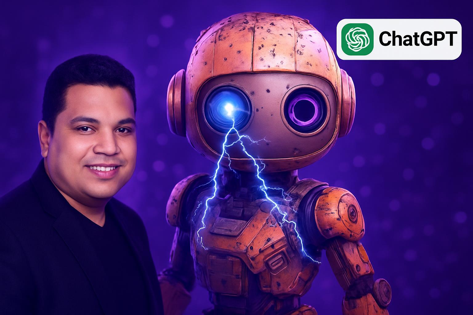 Robot kim loại với đôi mắt lớn, một mắt phát ra tia điện, minh họa cho công nghệ AI trong tư vấn digital marketing.