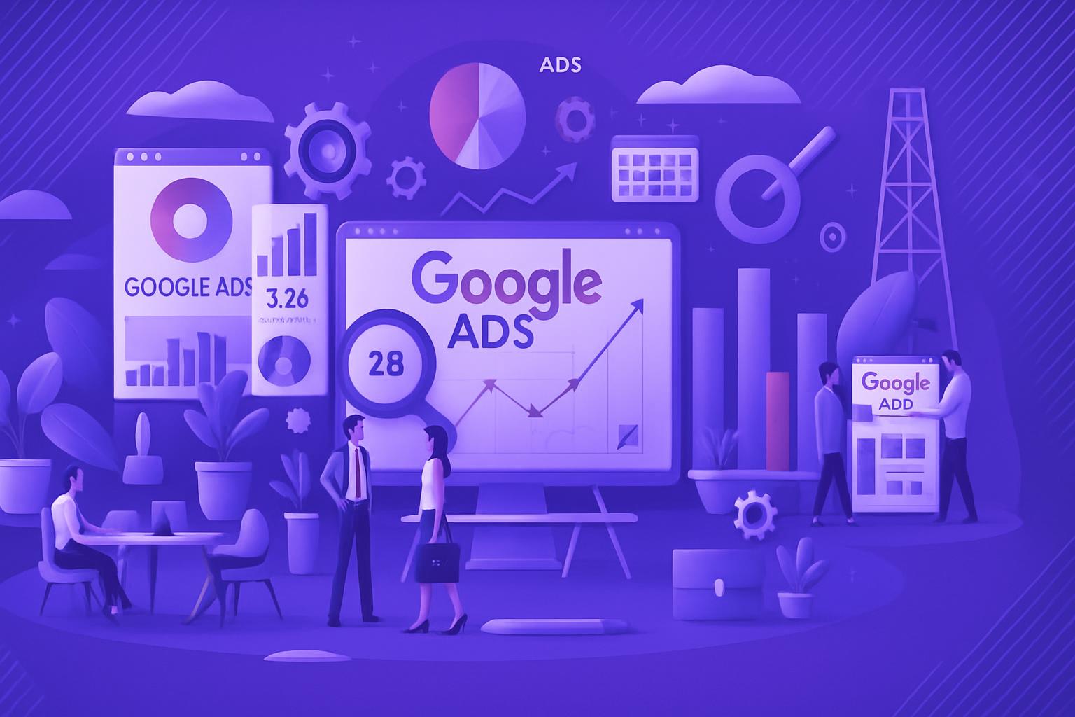 Minh họa chiến dịch quảng cáo online Google Ads với các biểu đồ phân tích dữ liệu hiệu quả và các chuyên gia đang làm việc.