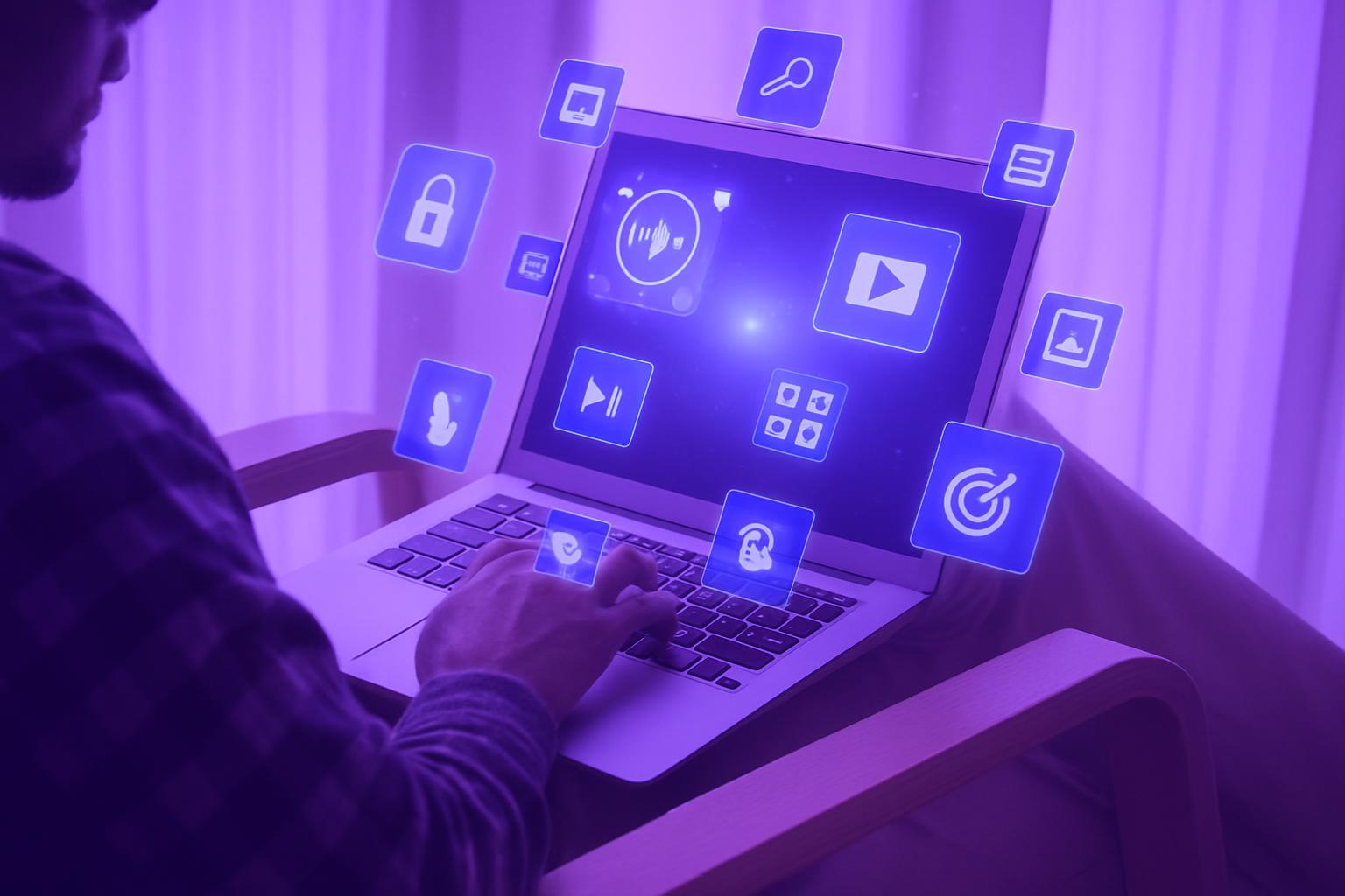 Người dùng laptop với các biểu tượng kỹ thuật số, minh họa cho việc phân tích hiệu quả quảng cáo online trên nhiều nền tảng.