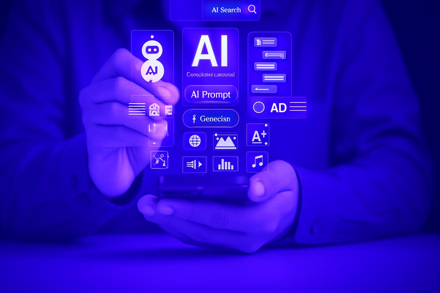 Giao diện người dùng ba chiều hiển thị các công cụ trí tuệ nhân tạo (AI) cho digital marketing trên một thiết bị.