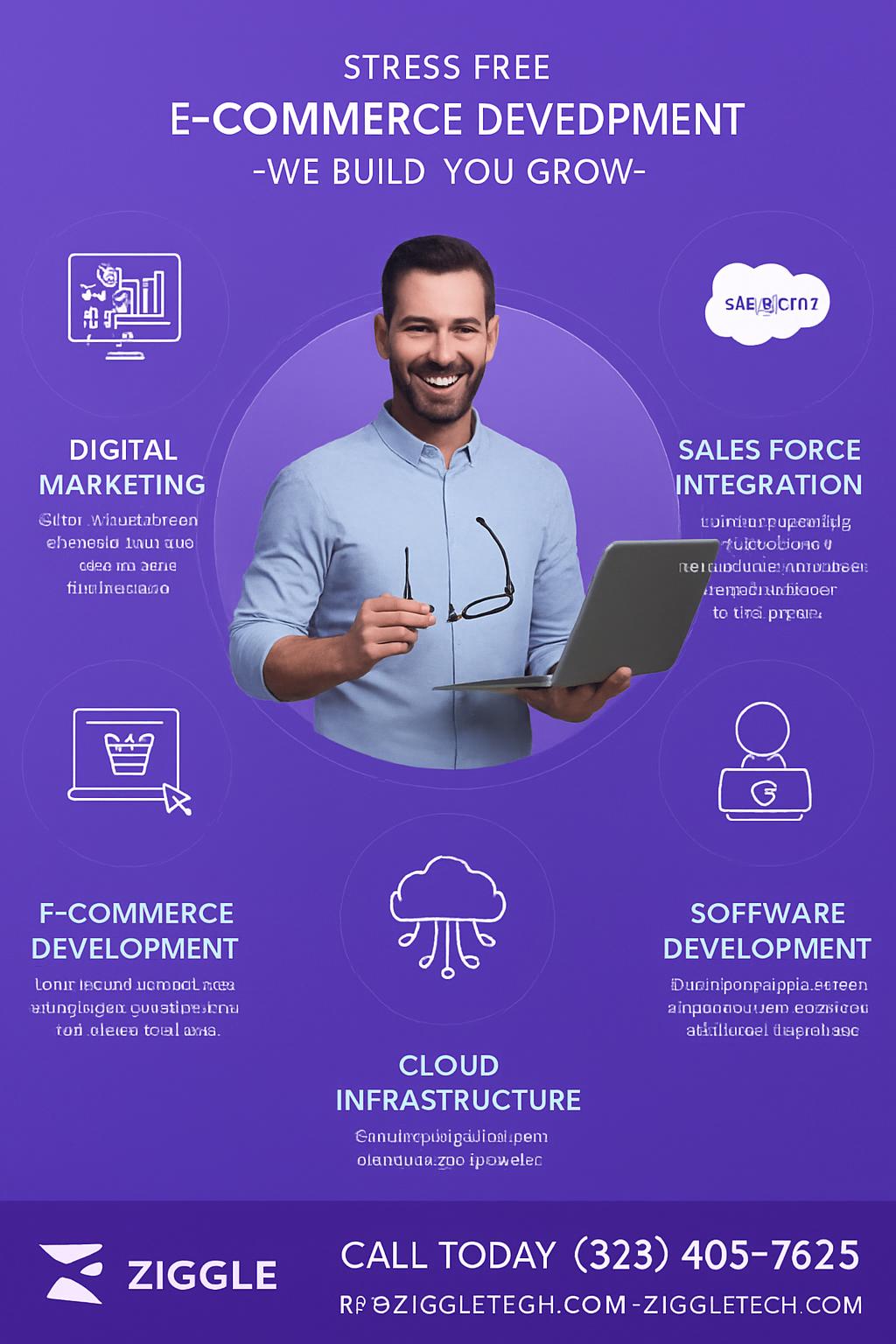 Quảng cáo dịch vụ phát triển e-commerce, nêu bật các mảng marketing và tích hợp dữ liệu để phân tích hiệu quả chiến dịch.